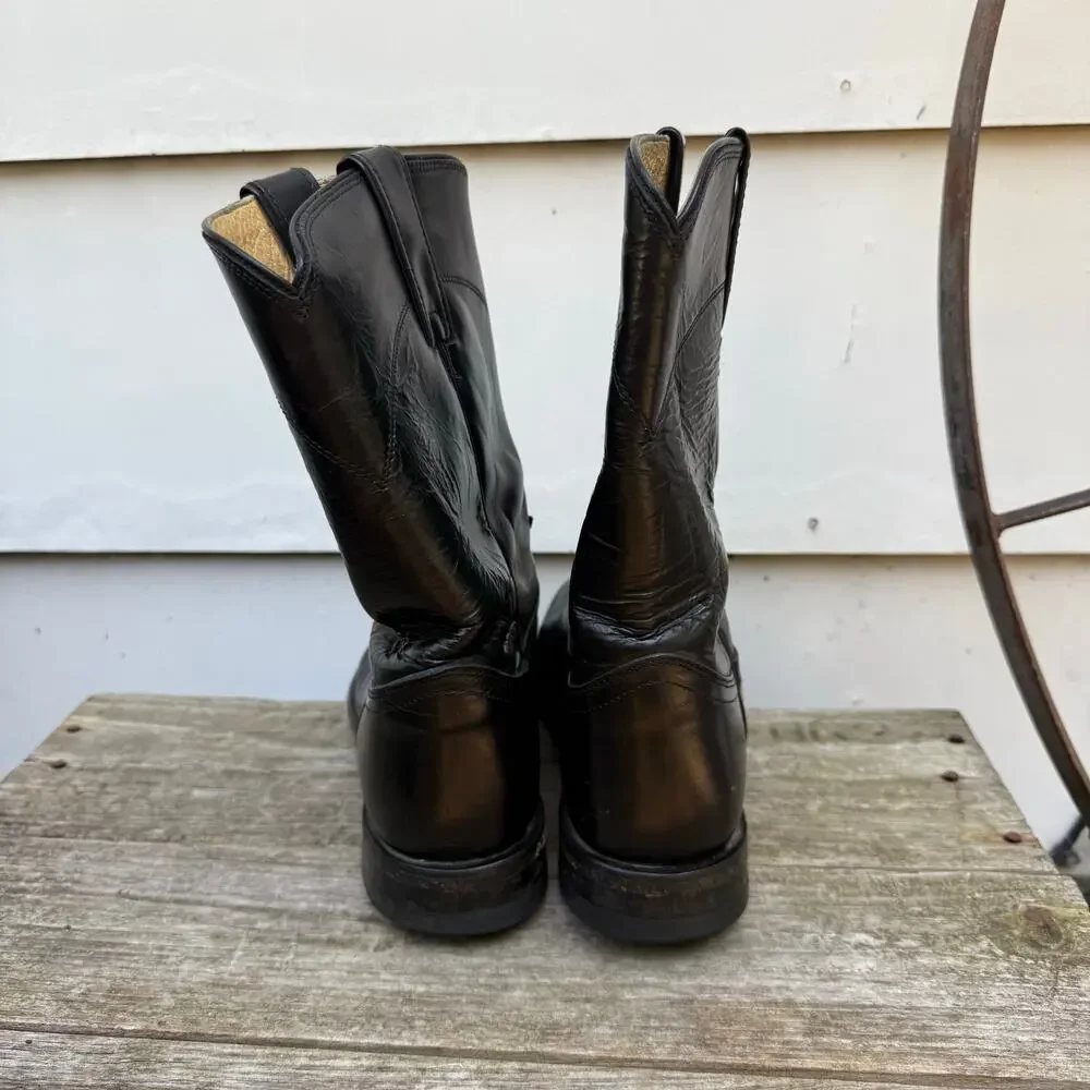 Justin Black Roper Round Toe Cowboy Western Leather Boots Style 3133 Size 9.5D